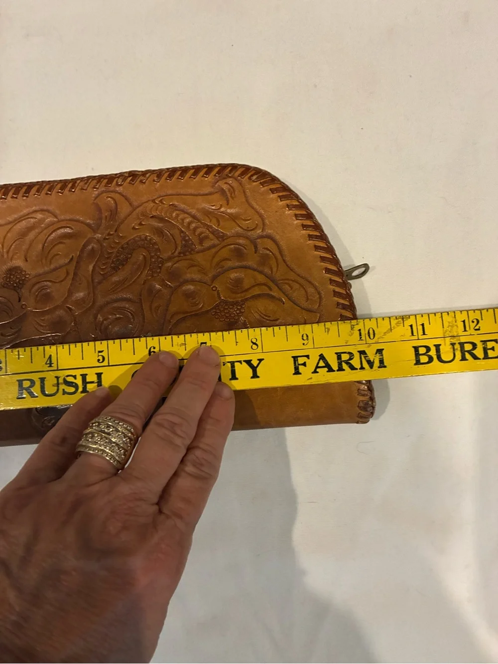 Hand-Tooled Floral Leather Clutch Wallet - Tan Brown Leather Big Zipper Wristlet